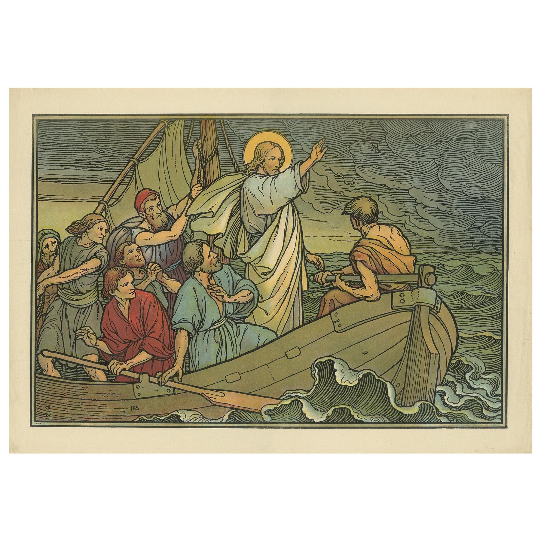 Antiker antiker religiöser Druck des Christus auf dem Meer von Galilee, 1913