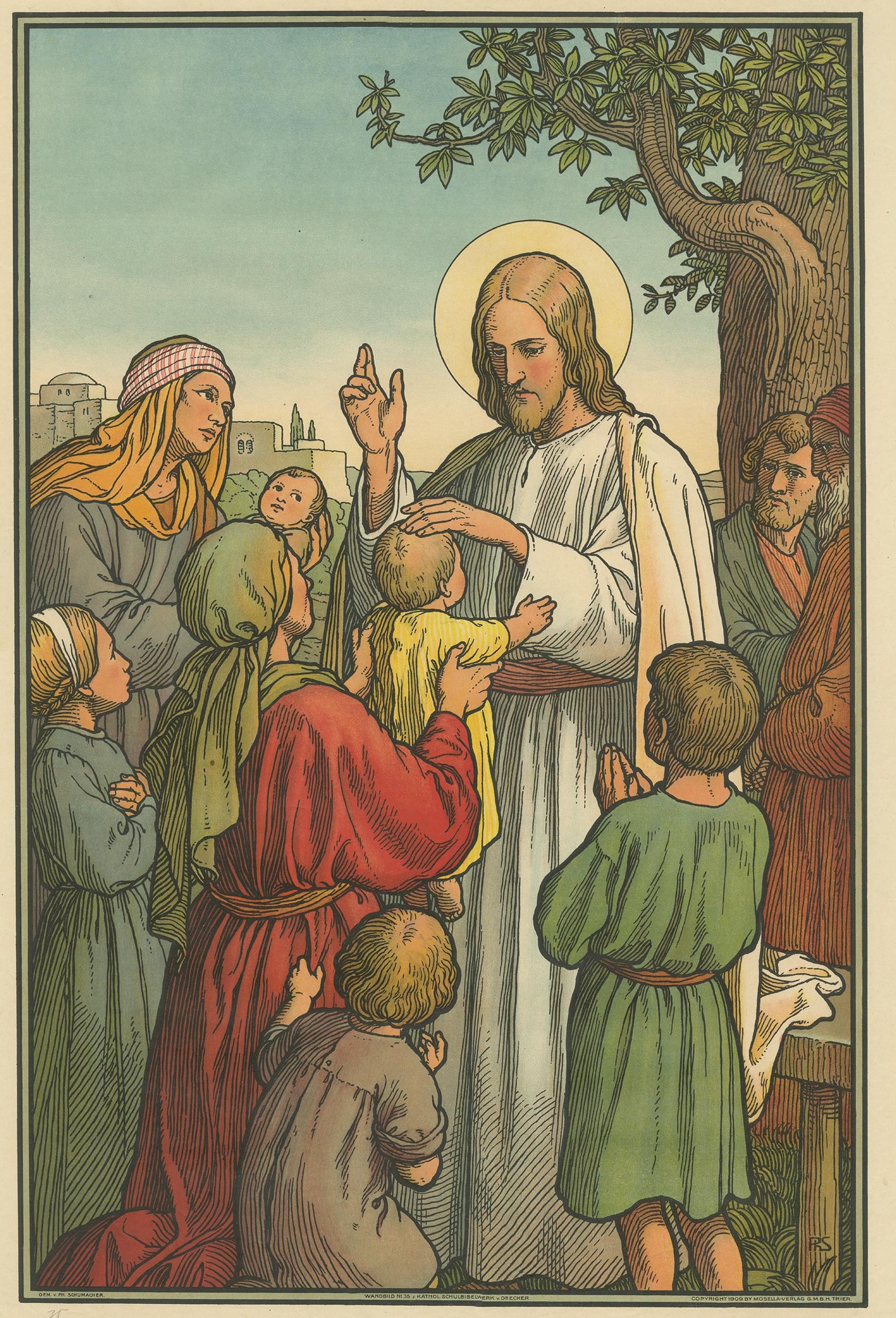 Large antique print of Christ blessing little children. Published by Mosella-Verlag, 1913. This print originates from a series titled 'Kathol. Schulbibelwerk von Dr. Ecker'.