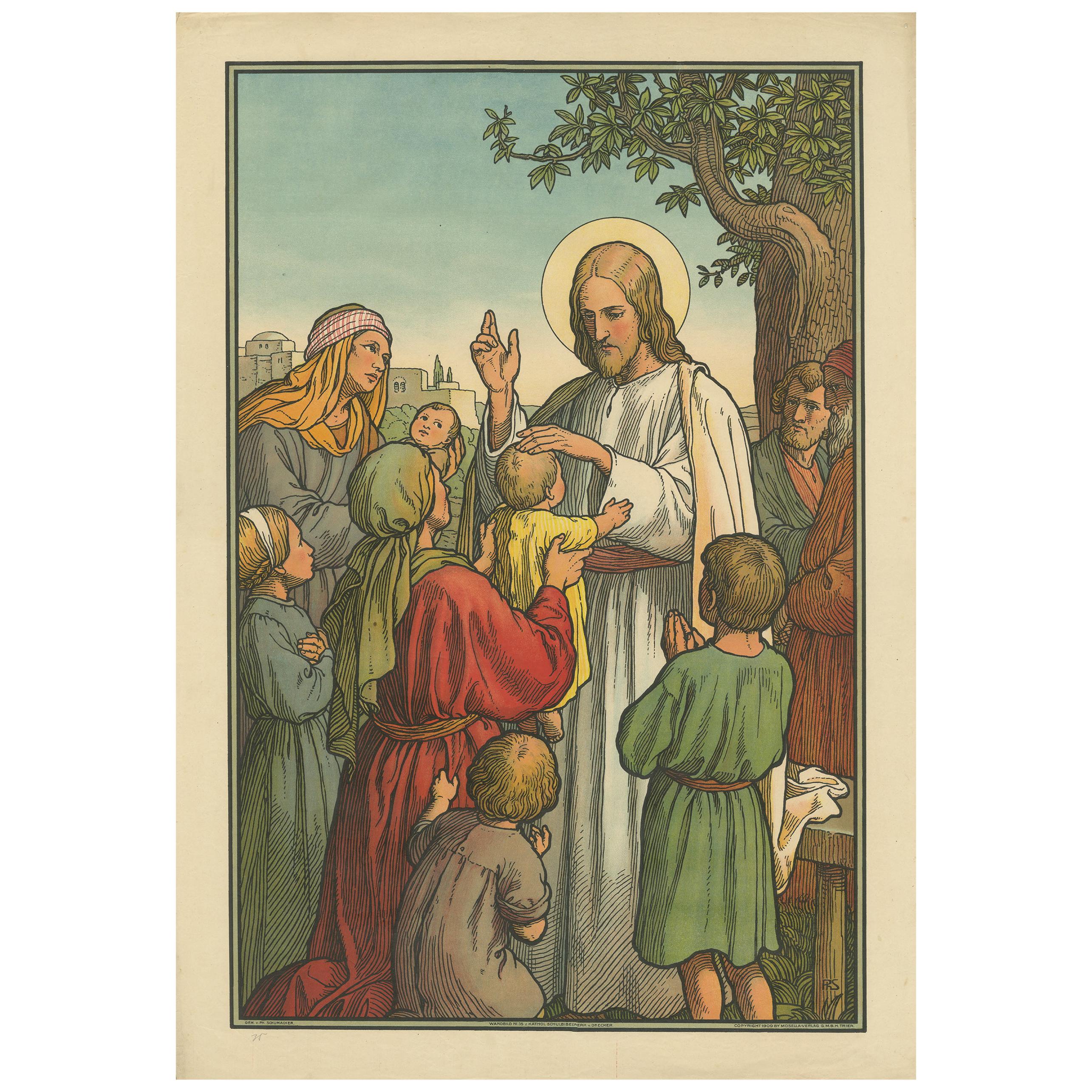Antiker antiker religiöser Druck von Christus, der kleine Kinder strahlt, 1913 im Angebot