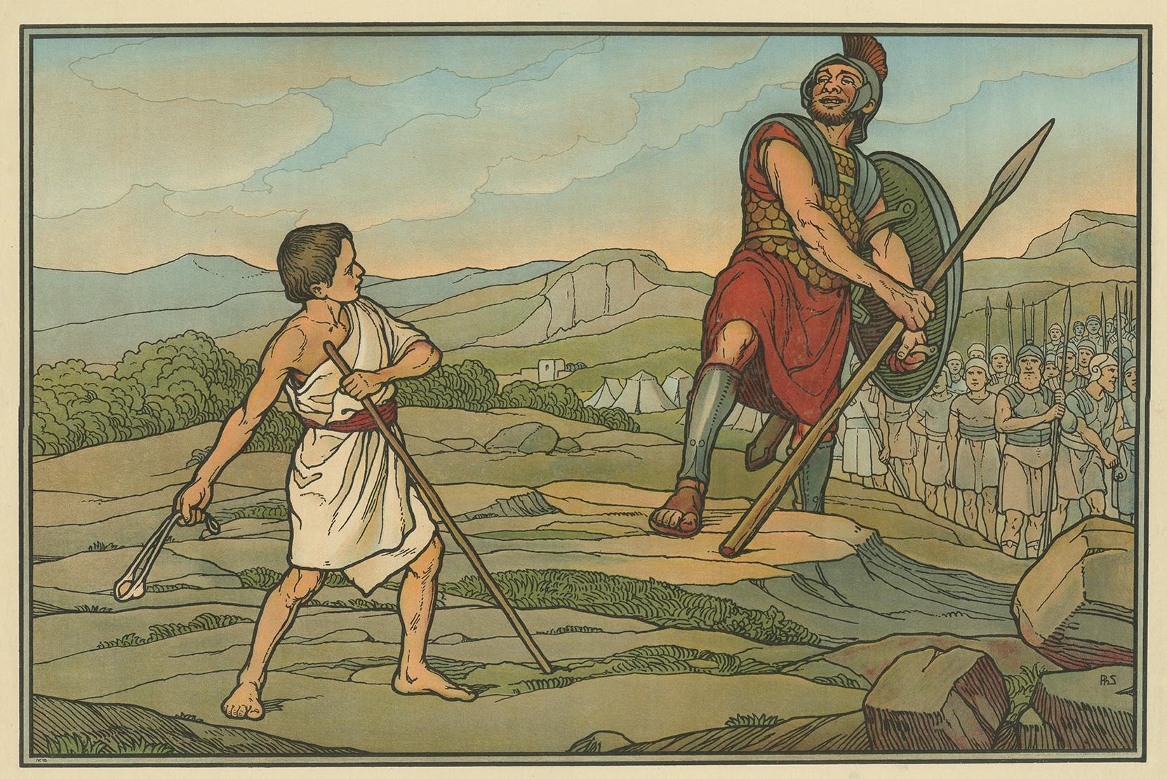 Large antique print of David and Goliath. Published by Mosella-Verlag, 1913. This print originates from a series titled 'Kathol. Schulbibelwerk von Dr. Ecker'.