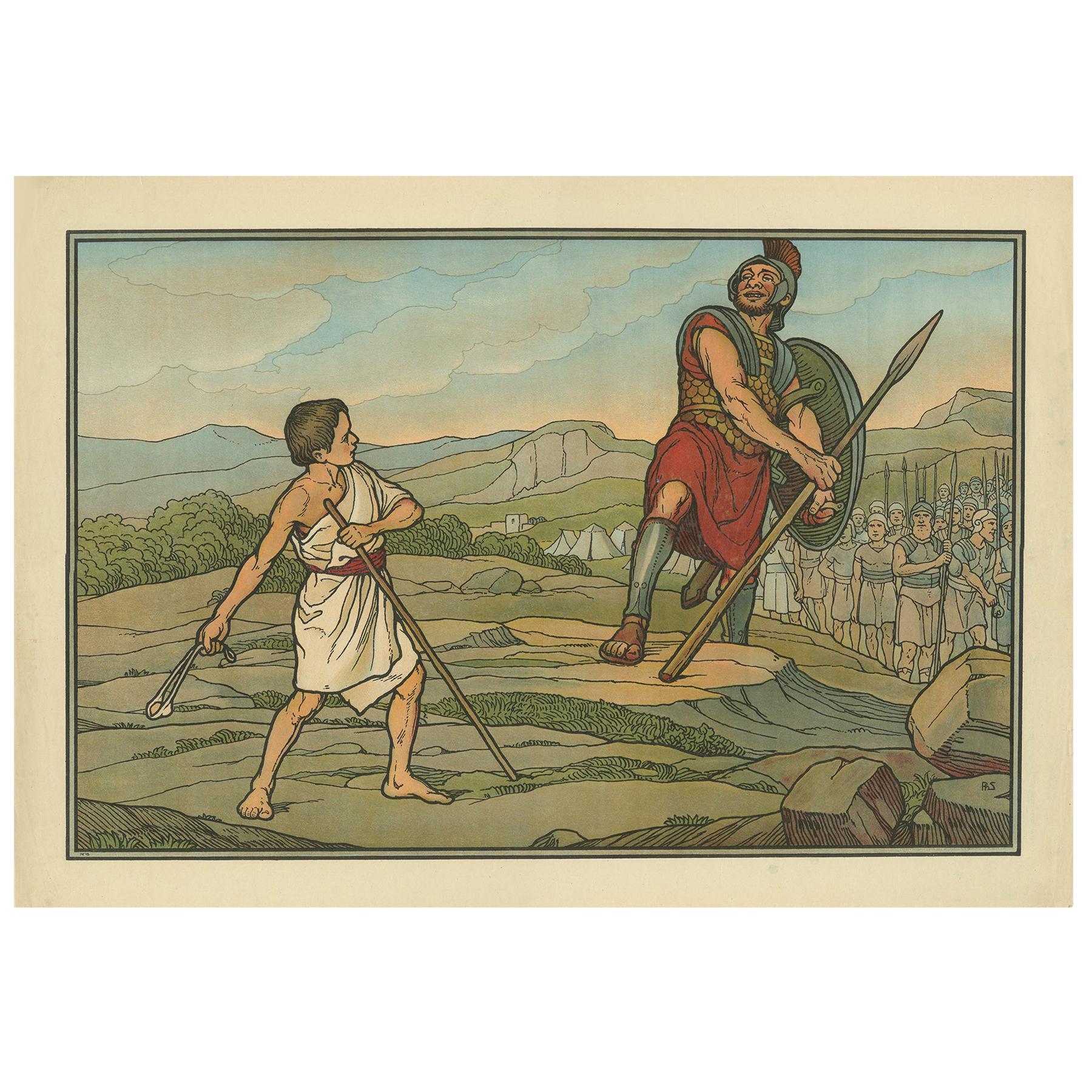 Antique Religion Print of David and Goliath, 1913