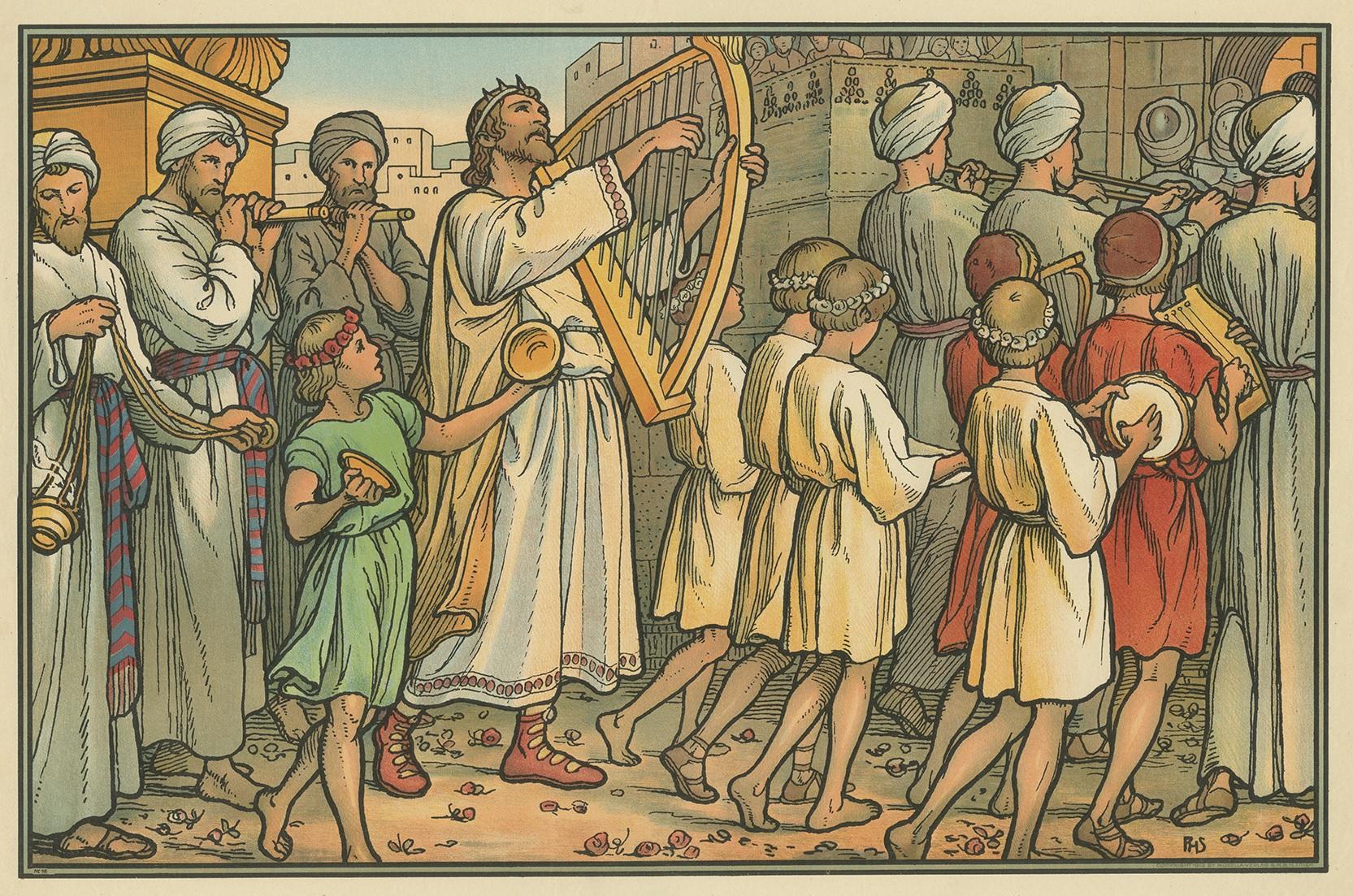 Large antique print of David Dancing Before the Ark. Published by Mosella-Verlag, 1913. This print originates from a series titled 'Kathol. Schulbibelwerk von Dr. Ecker'.