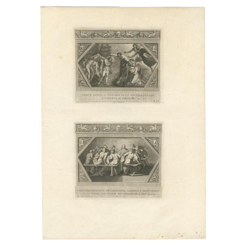 Grande stampa antica con due incisioni religiose. L'immagine superiore raffigura Dio che appare a Isacco. L'immagine inferiore raffigura Isacco e Rebecca. Questa stampa proviene da un'opera che illustra la serie completa di affreschi vaticani