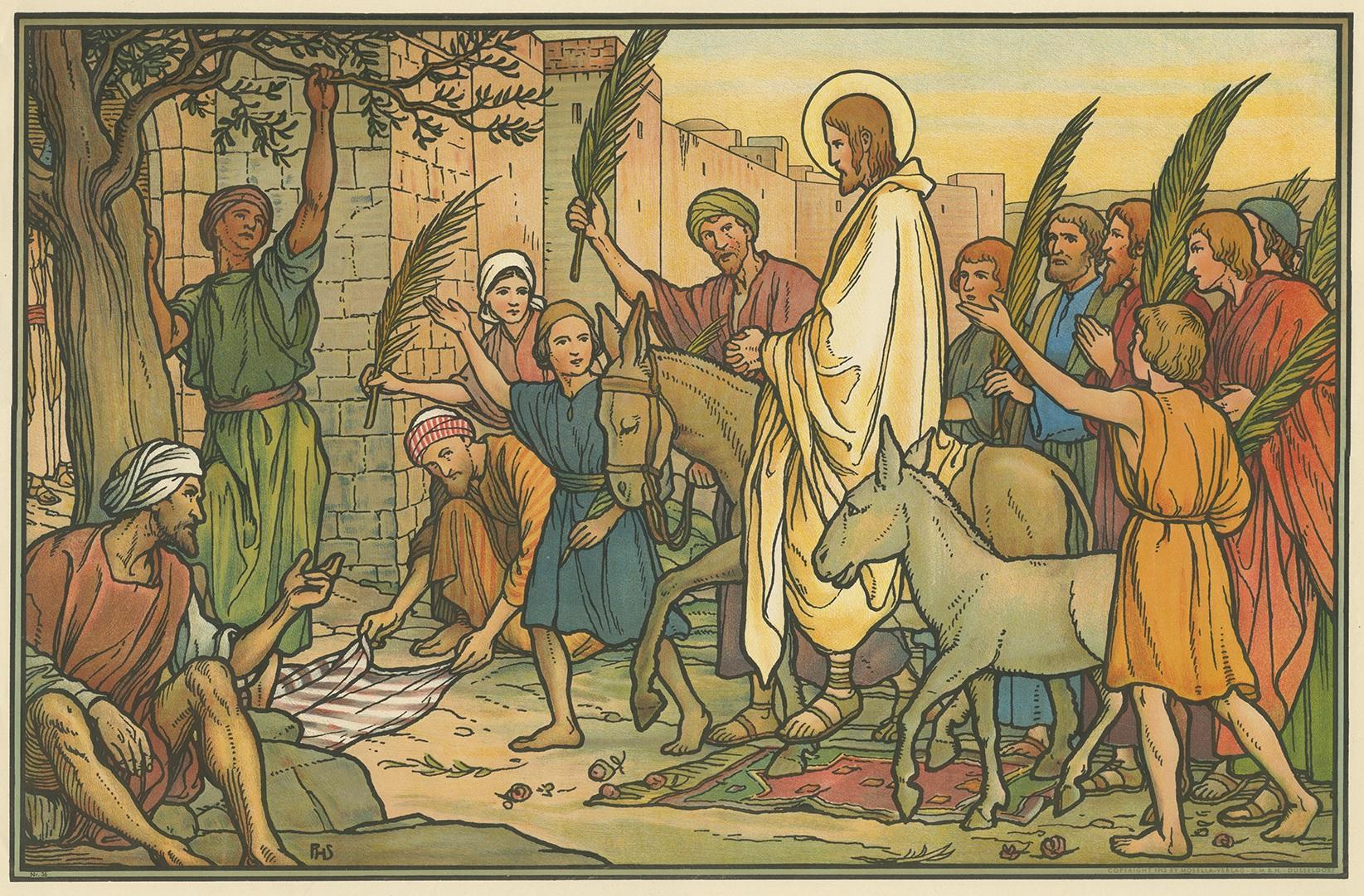 Large antique print of Jesus' entry into Jerusalem. Published by Mosella-Verlag, 1913. This print originates from a series titled 'Kathol. Schulbibelwerk von Dr. Ecker'.