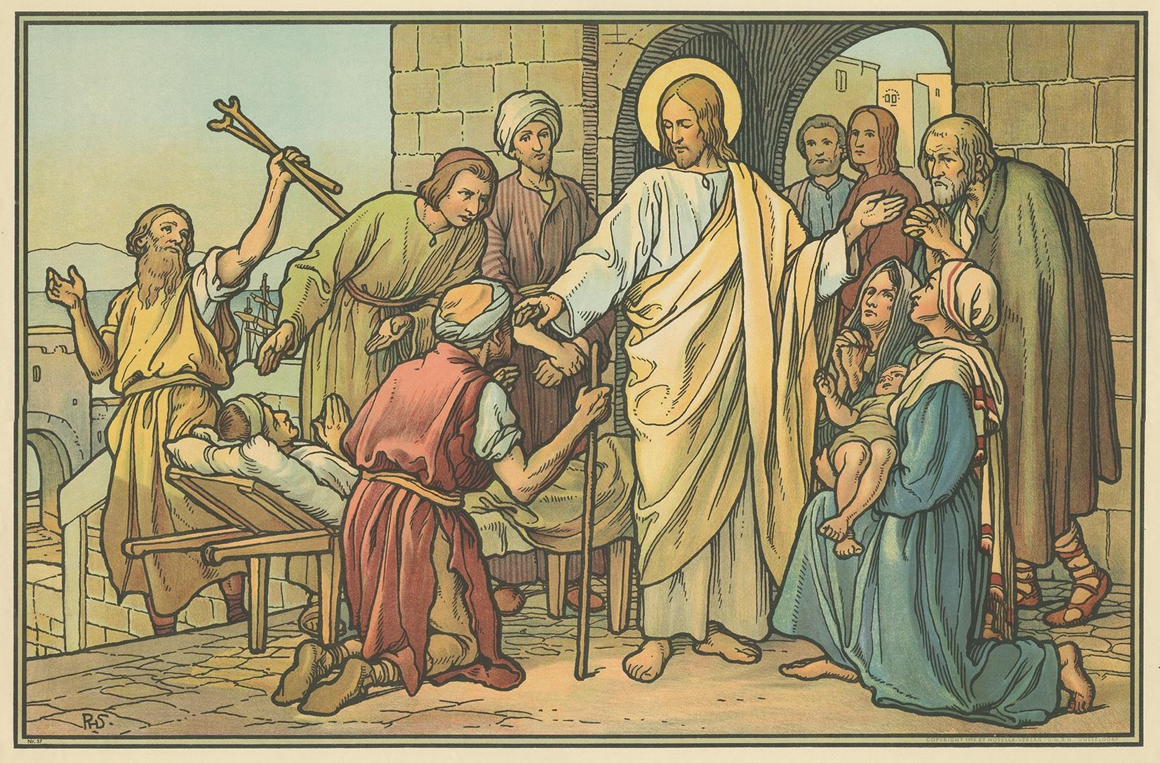 Large antique print of Jesus healing the sick. Published by Mosella-Verlag, 1913. This print originates from a series titled 'Kathol. Schulbibelwerk von Dr. Ecker'.