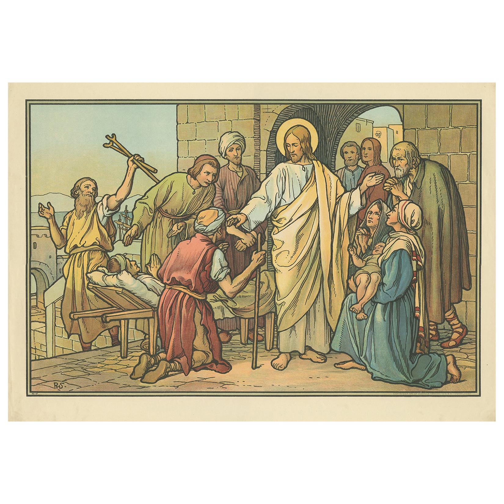 Impression religieuse ancienne de Jésus guérissant le cou (1913)