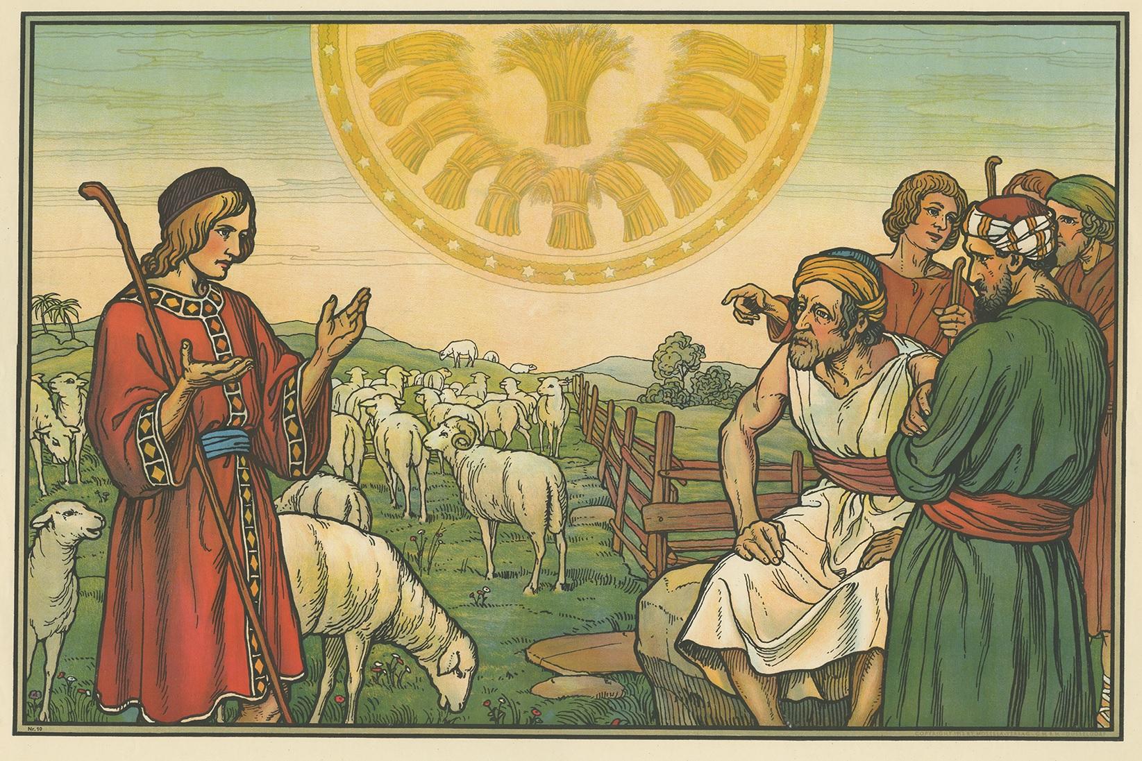 Large antique print of Joseph's Dream. Published by Mosella-Verlag, 1913. This print originates from a series titled 'Kathol. Schulbibelwerk von Dr. Ecker'.