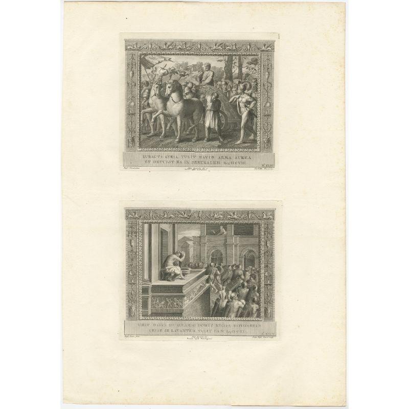 Large antique print with two religious engravings. The upper image depicts King David, having subdued Syria. The lower image depicts King David watching Batsheba bathing. This print originates from a work illustrating the complete series of Vatican