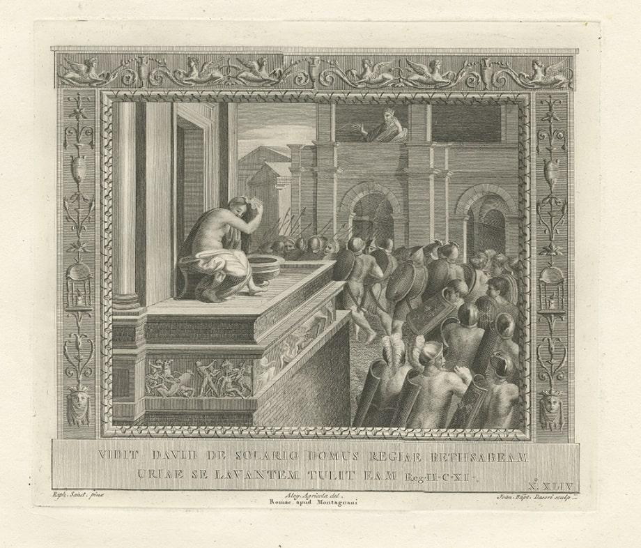 Antiker religiöser Druck von König David, der Syrien gedämpft hat, um 1850 (Papier) im Angebot