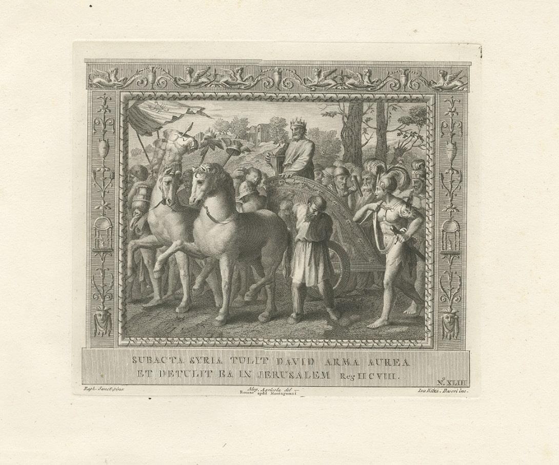 19th Century Antique Religion Print of King David, Having Subdued Syria, C.1850 For Sale