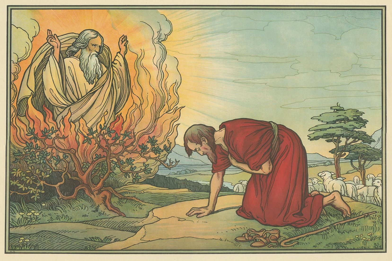 Large antique print of Moses and the Burning Bush. Published by Mosella-Verlag, 1913. This print originates from a series titled 'Kathol. Schulbibelwerk von Dr. Ecker'.