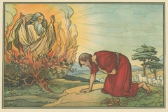 Antique Religion Print of Moses and the Burning Bush, 1913