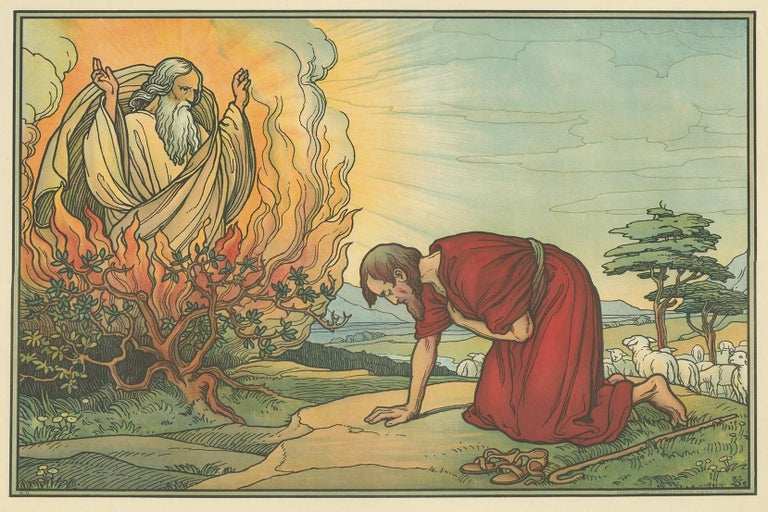 Antique Religion Print of Moses and the Burning Bush, 1913 For Sale at