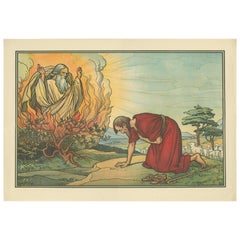 Antique Religion Print of Moses and the Burning Bush, 1913