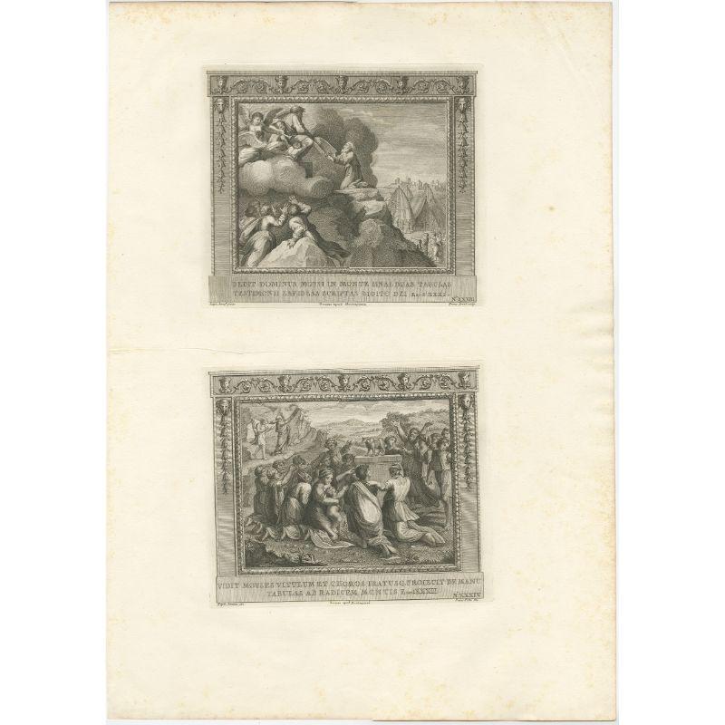 Large antique print with two religious engravings. The upper image depicts Moses on Mount Sinai receiving the stone tablets. The lower image depicts God giving the Commandments to Moses. This print originates from a work illustrating the complete
