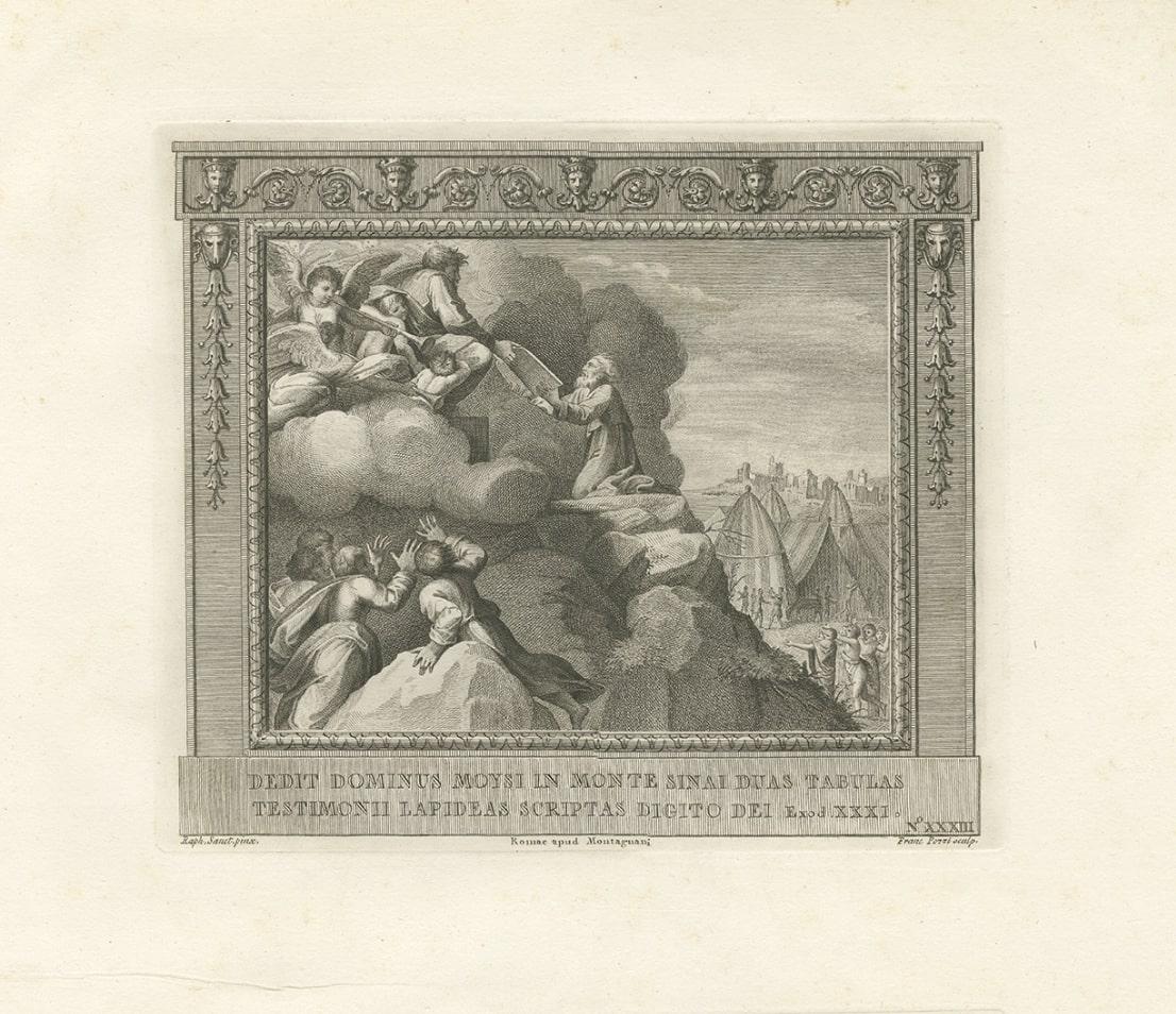 Antique Religion Print of Moses on Mount Sinai Receiving the Stone Tablets In Good Condition For Sale In Langweer, NL
