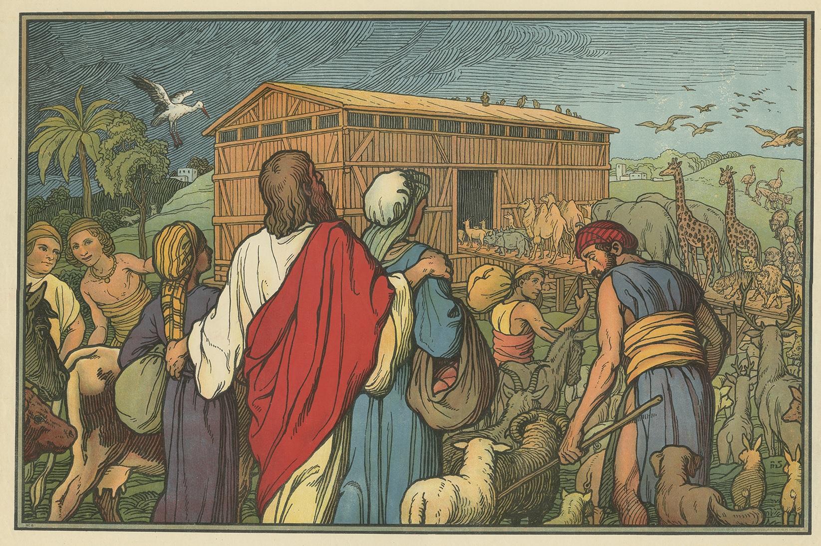 Large antique print of Noah's Ark. Published by Mosella-Verlag, 1913. This print originates from a series titled 'Kathol. Schulbibelwerk von Dr. Ecker'.