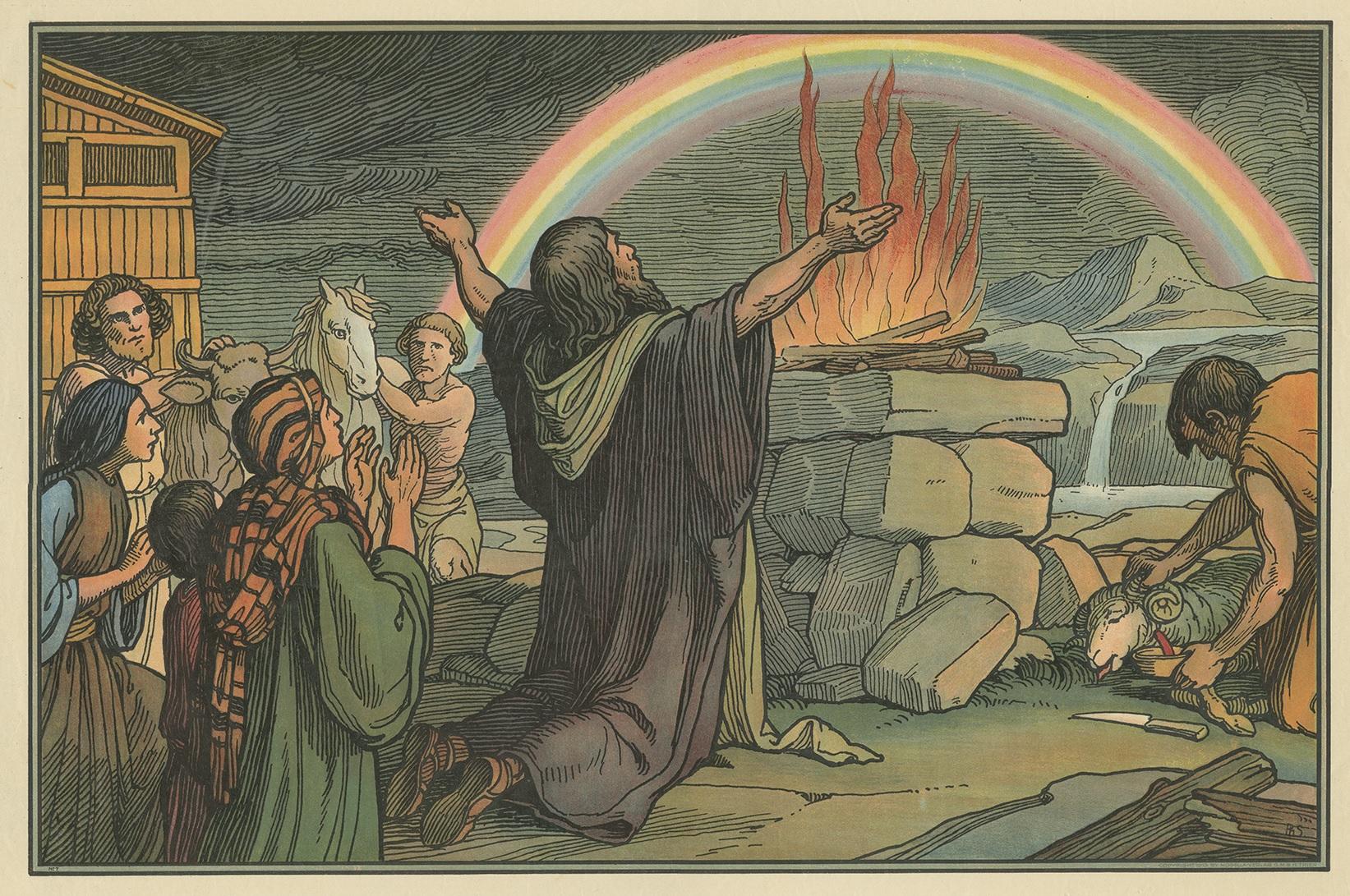 Large antique print of Noah's Offering. Published by Mosella-Verlag, 1913. This print originates from a series titled 'Kathol. Schulbibelwerk von Dr. Ecker'.