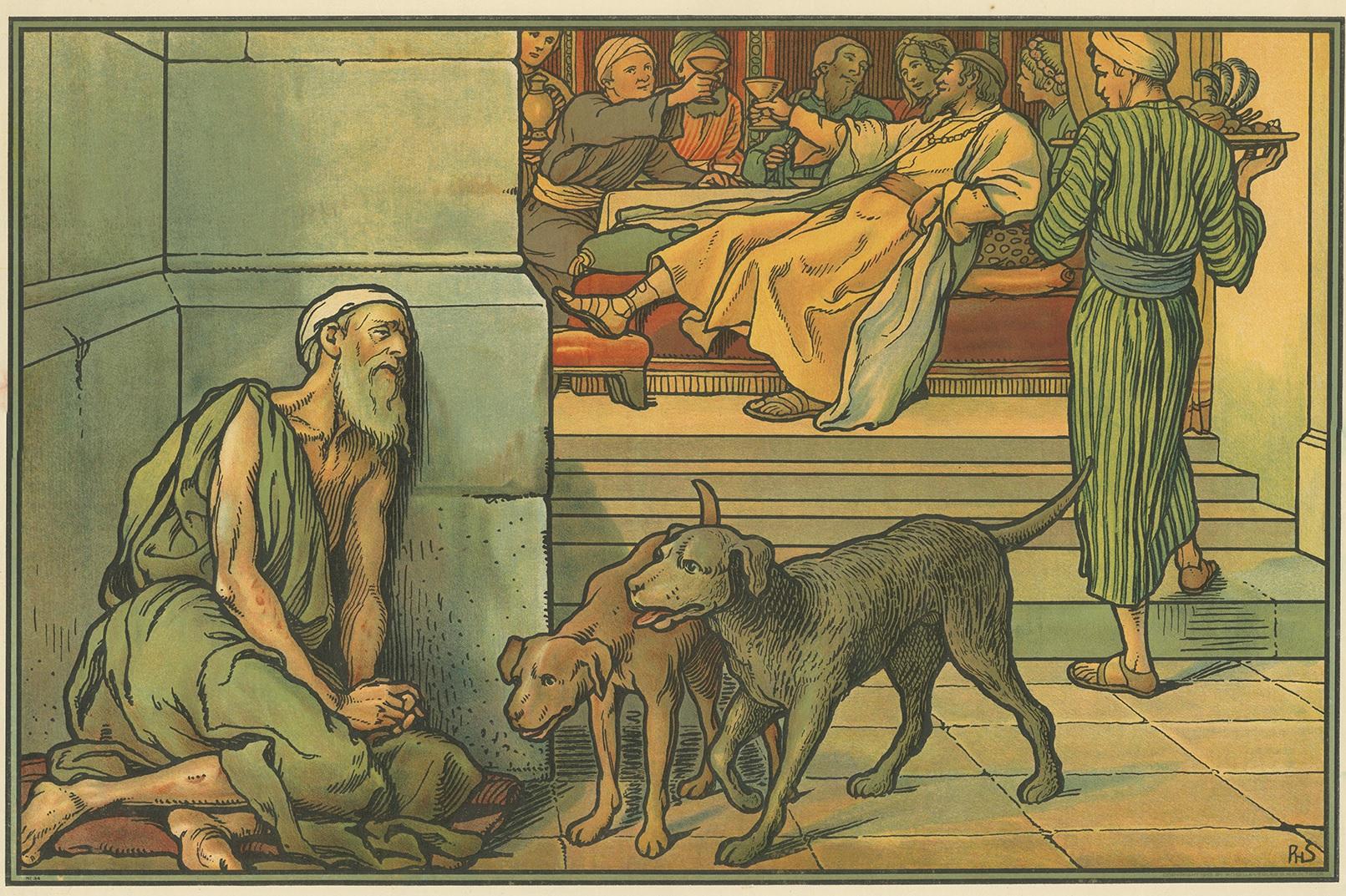 Großer antiker Druck des armen Lazarus. Erschienen im Mosella-Verlag, 1913. Dieser Druck stammt aus einer Serie mit dem Titel 