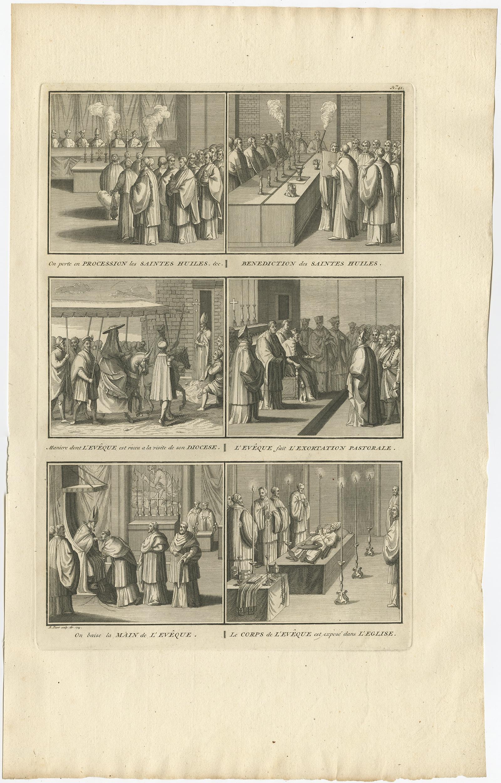 Antique religion print depicting six Roman Catholic habits, rituals and ceremonies. 

Procession with holy oil, benediction of same, the Bishop's hand is kissed etc. Originates from 'Ceremonies et coutumes Religieuses...' , by A.