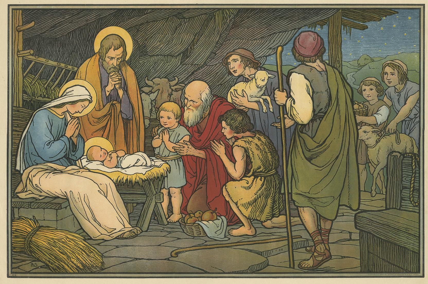 Large antique print of the adoration of the shepherds. Published by Mosella-Verlag, 1913. This print originates from a series titled 'Kathol. Schulbibelwerk von Dr. Ecker'.