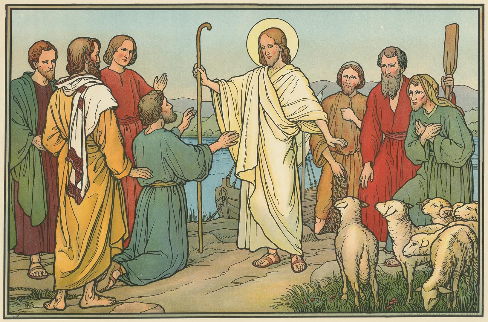 Large antique print of the appearance of Jesus. Published by Mosella-Verlag, 1913. This print originates from a series titled 'Kathol. Schulbibelwerk von Dr. Ecker'.