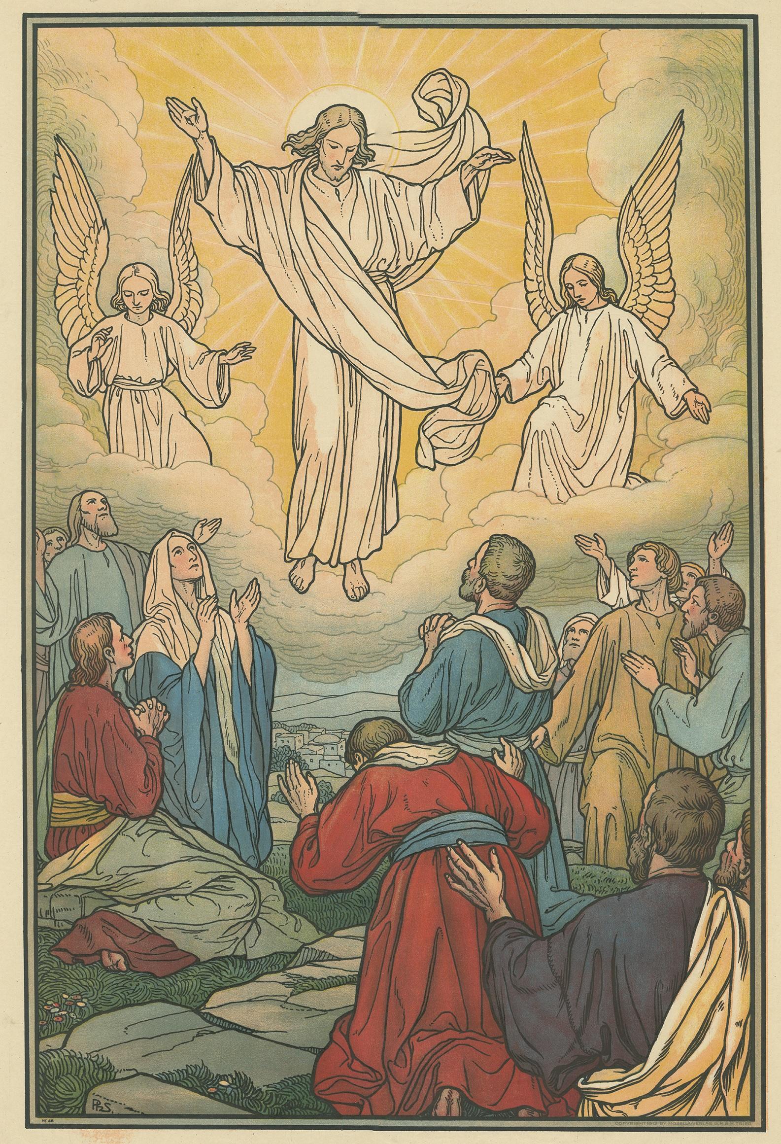 Large antique print of the Ascension. Published by Mosella-Verlag, 1913. This print originates from a series titled 'Kathol. Schulbibelwerk von Dr. Ecker'.