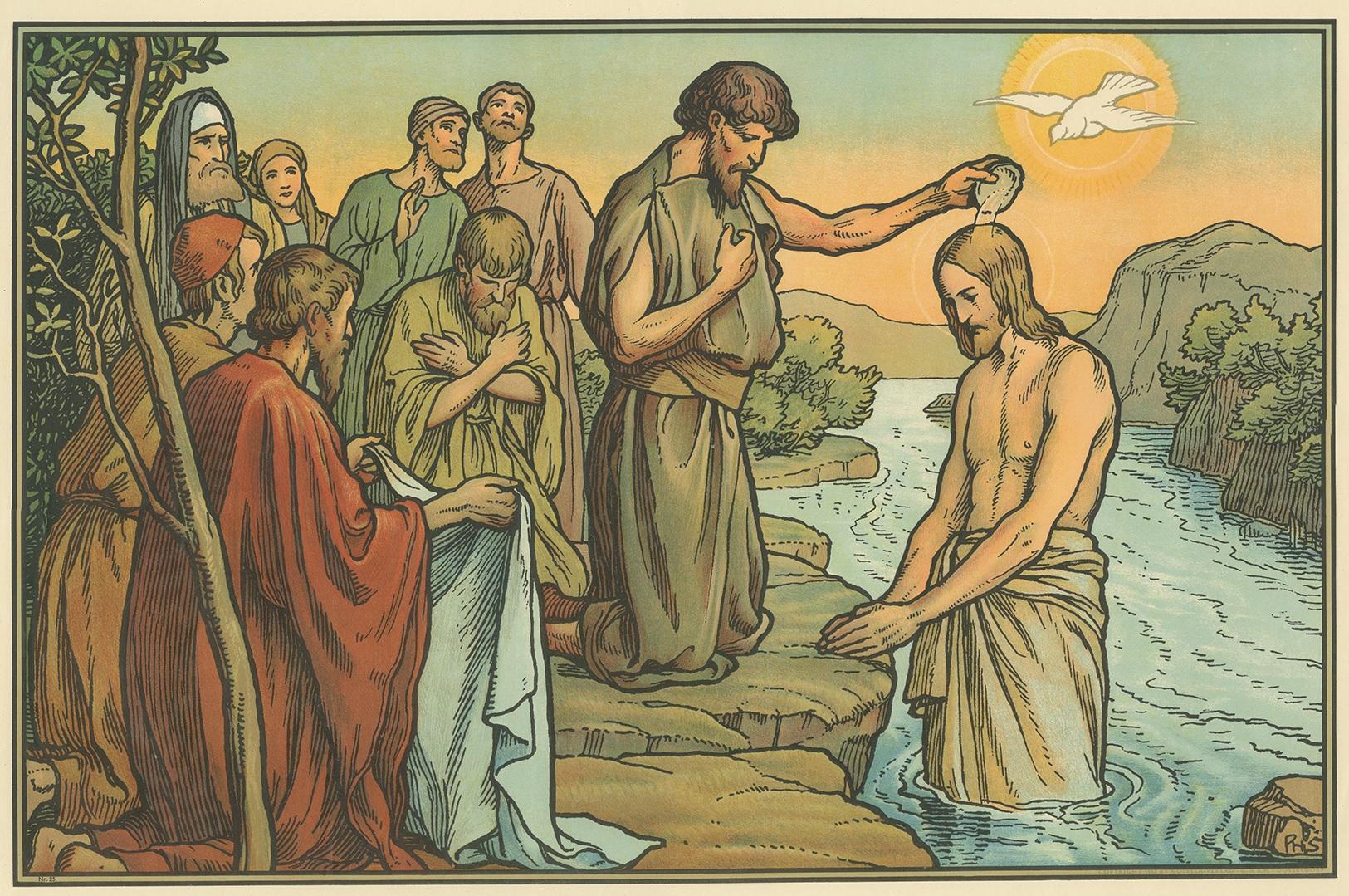 Large antique print of the Baptism of Jesus. Published by Mosella-Verlag, 1913. This print originates from a series titled 'Kathol. Schulbibelwerk von Dr. Ecker'.