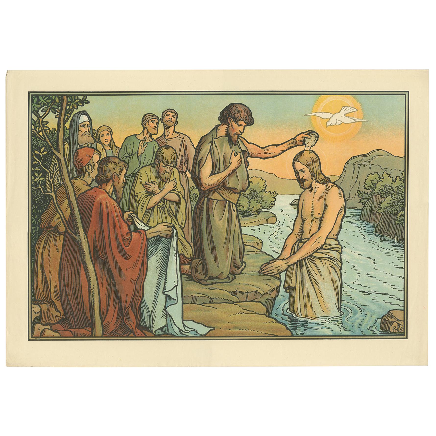 Stampa religiosa antica del Battesimo di Gesù, 1913