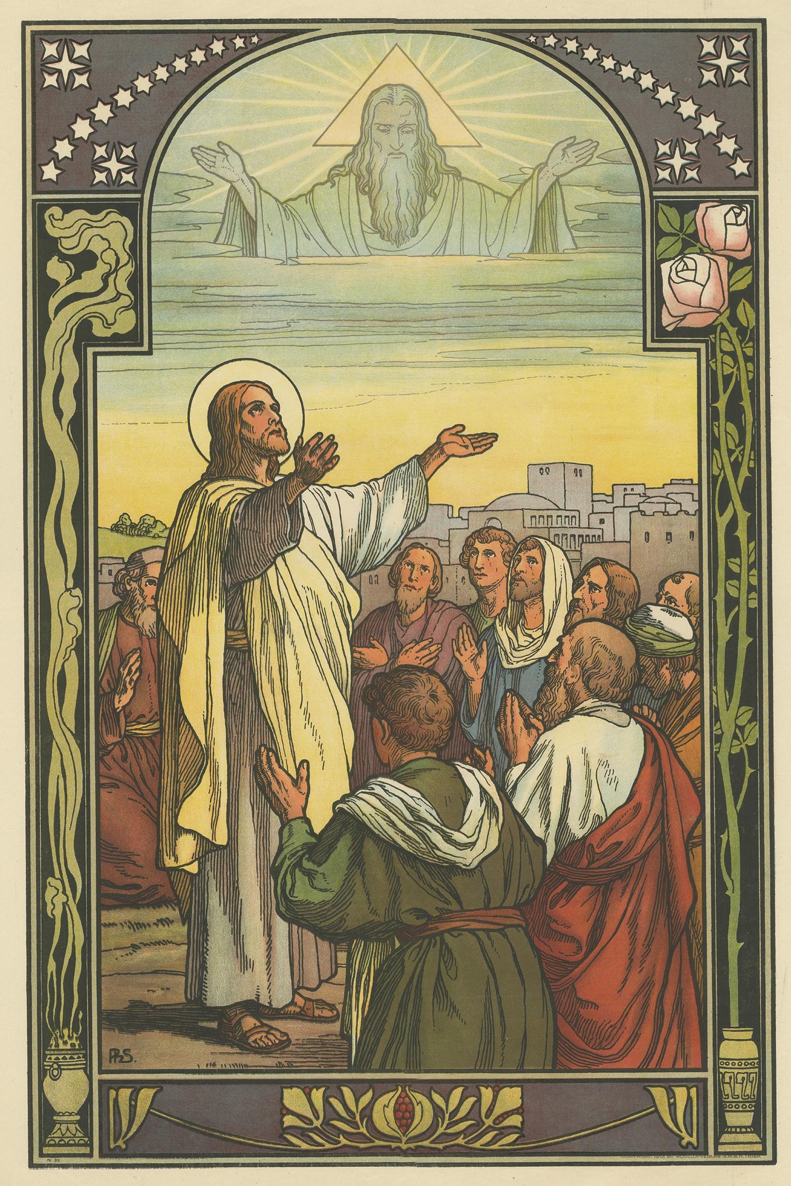 Large antique print of the Blessing of Christ. Published by Mosella-Verlag, 1913. This print originates from a series titled 'Kathol. Schulbibelwerk von Dr. Ecker'.