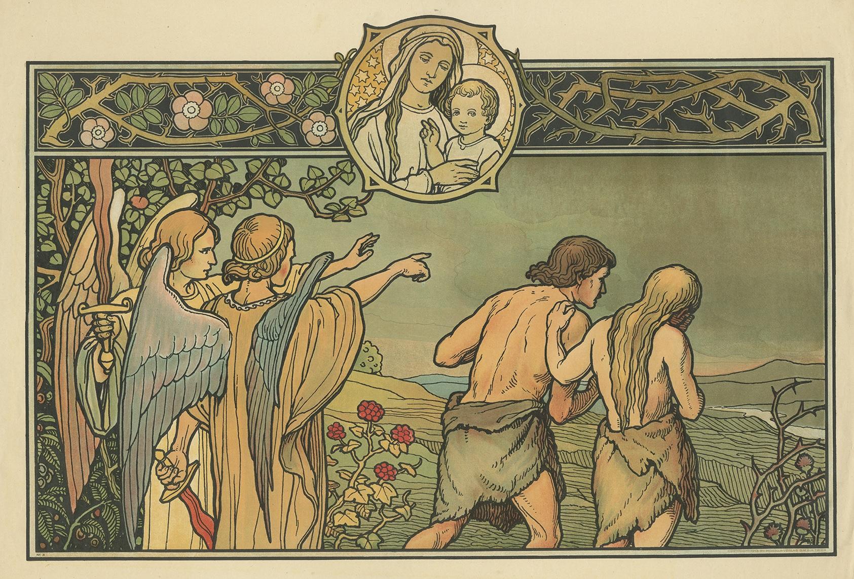 Large antique print of the Expulsion from Paradise. Published by Mosella-Verlag, 1913. This print originates from a series titled 'Kathol. Schulbibelwerk von Dr. Ecker'.