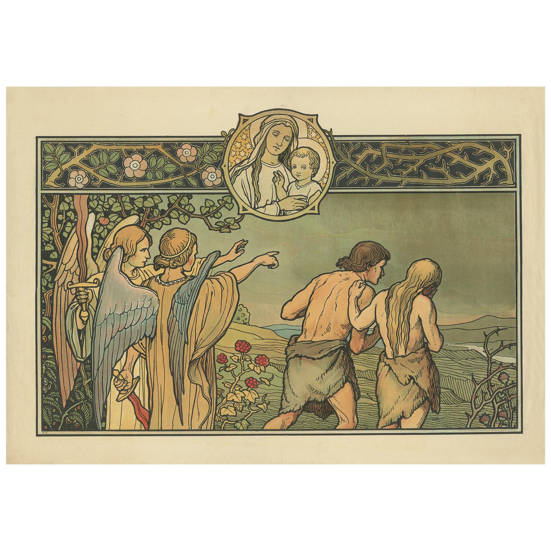 Antique Religion Print of the Expulsion from Paradise '1913' For Sale