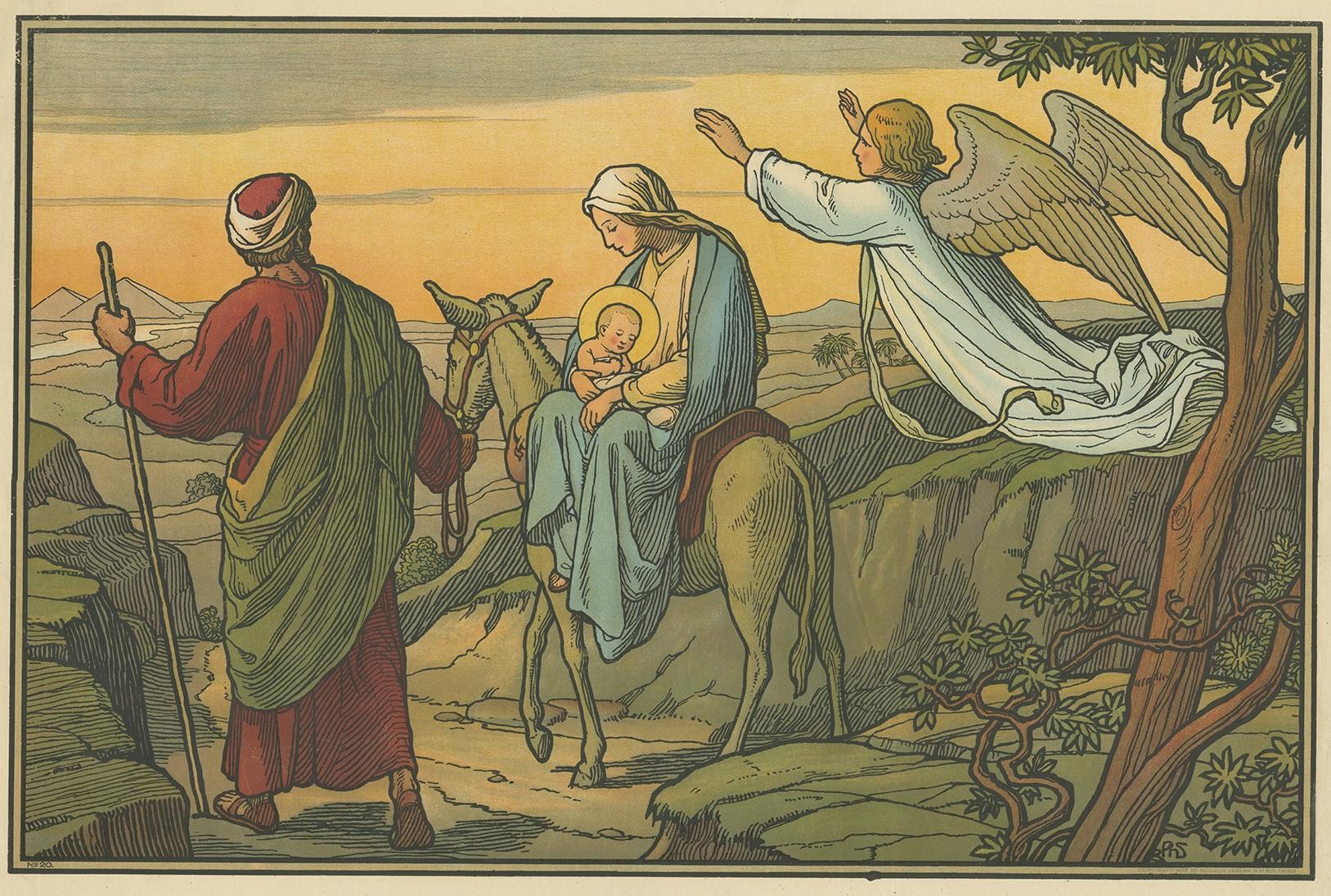 Large antique print of the Flight into Egypt. Published by Mosella-Verlag, 1913. This print originates from a series titled 'Kathol. Schulbibelwerk von Dr. Ecker'.