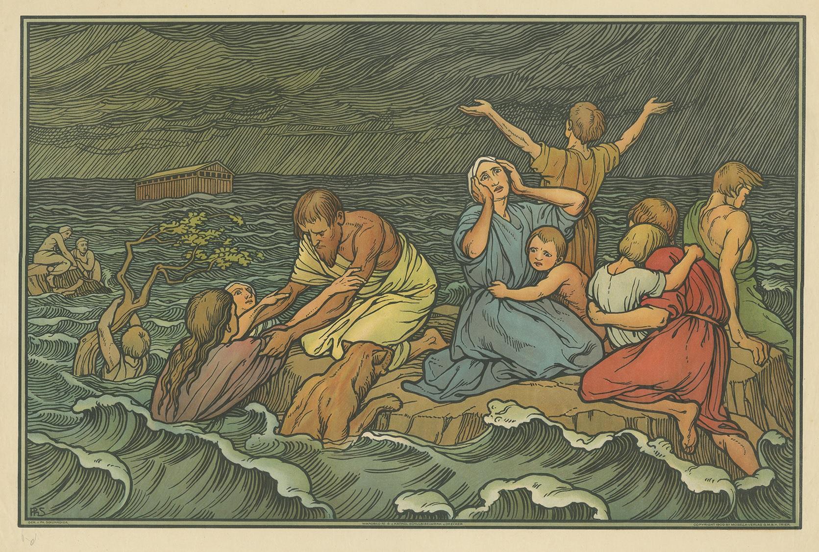 Large antique print of the Flood or Deluge. Published by Mosella-Verlag, 1913. This print originates from a series titled 'Kathol. Schulbibelwerk von Dr. Ecker'.