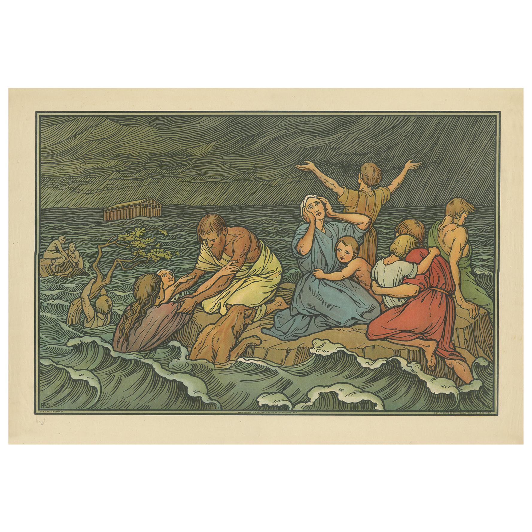 Antique Religion Print of the Flood or Deluge '1913' For Sale