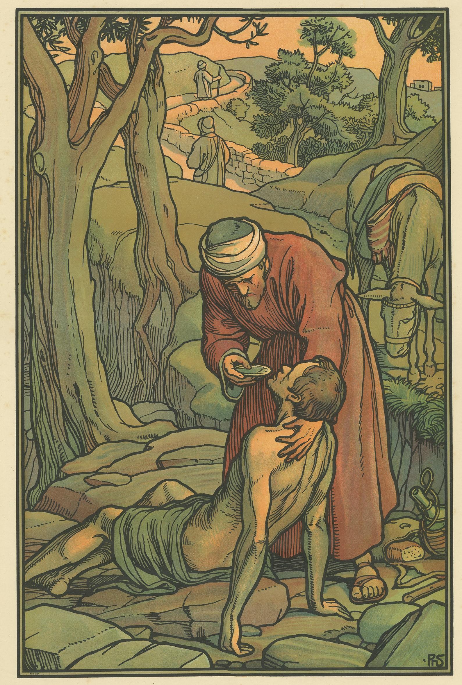 Large antique print of the Good Samaritan. Published by Mosella-Verlag, 1913. This print originates from a series titled 'Kathol. Schulbibelwerk von Dr. Ecker'.