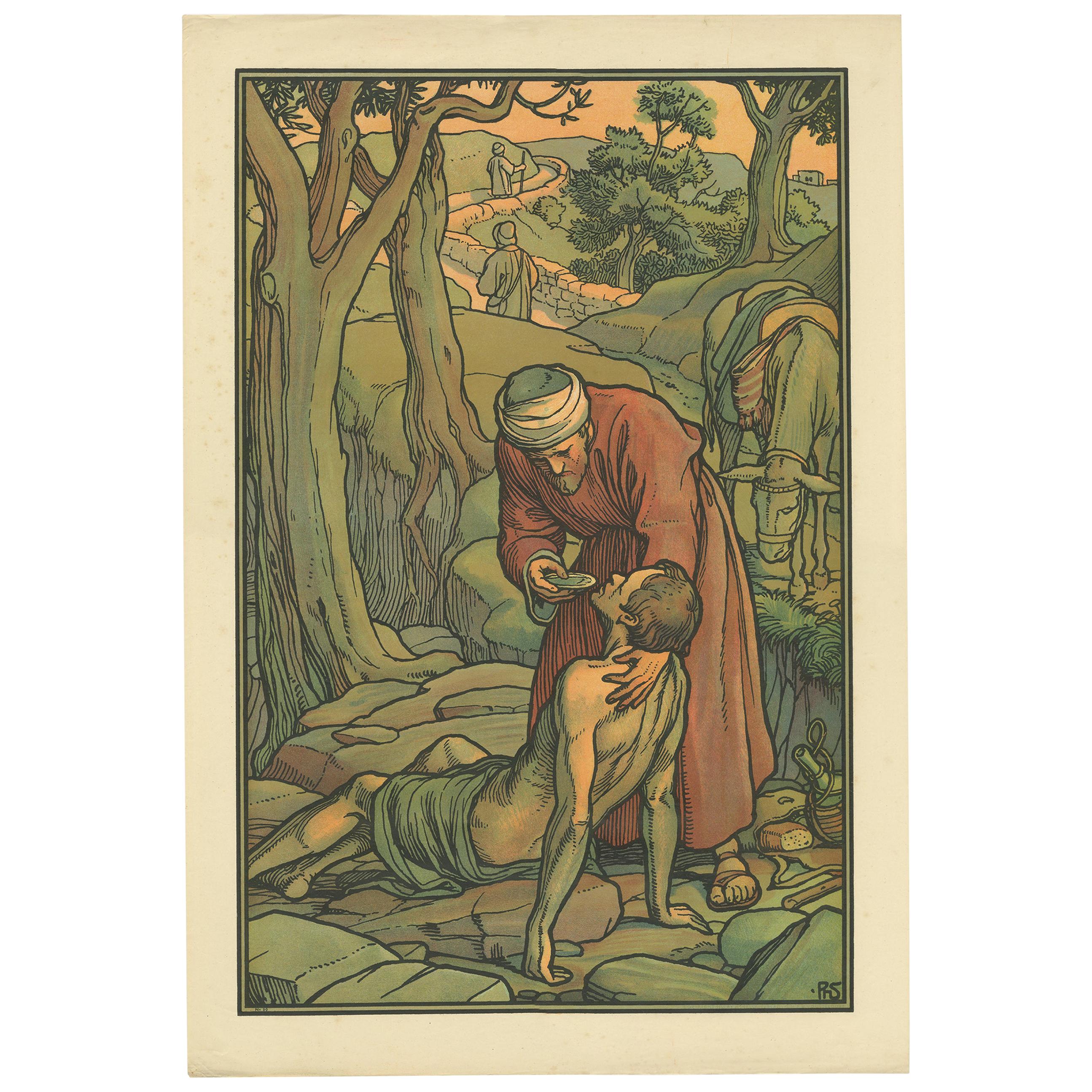 Antique Religion Print of the Good Samaritan, 1913