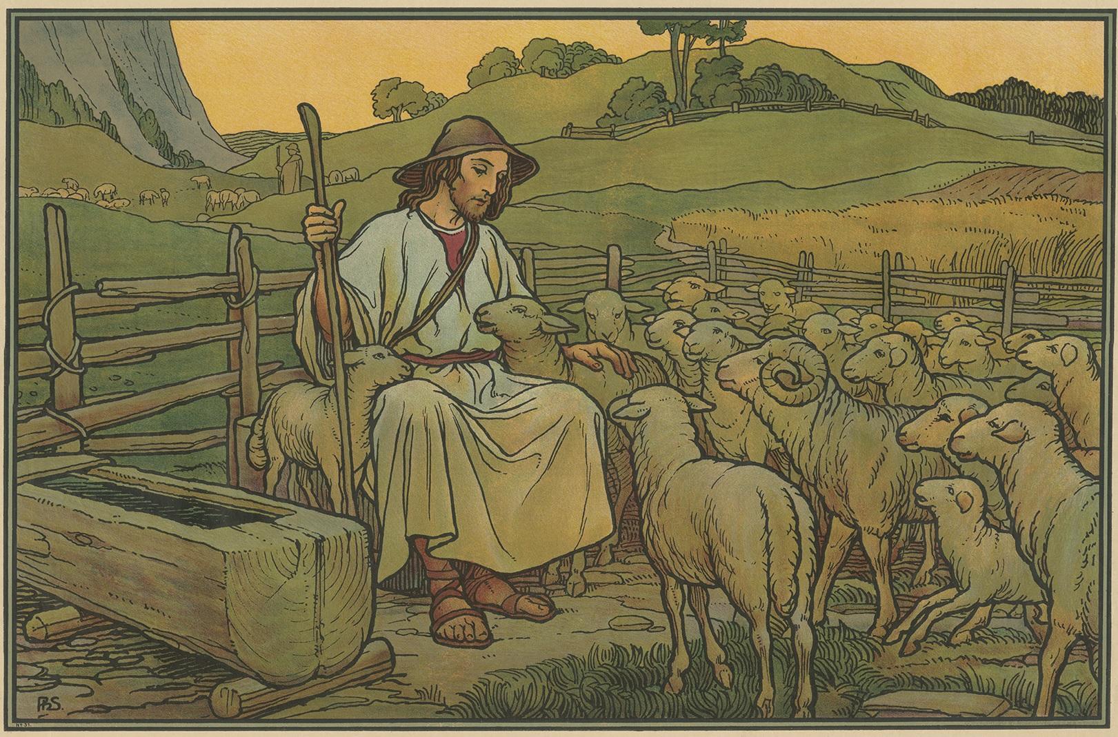 Large antique print of the Good Shepherd. Published by Mosella-Verlag, 1913. This print originates from a series titled 'Kathol. Schulbibelwerk von Dr. Ecker'.
