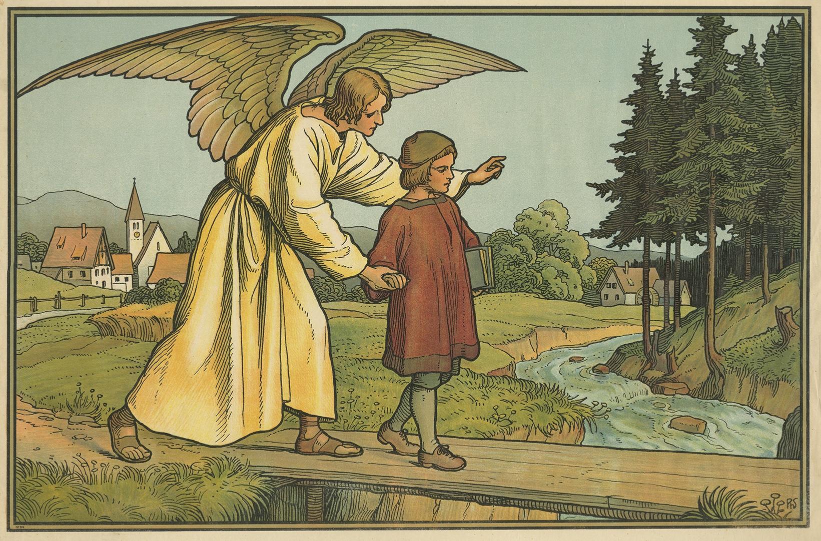 Large antique print of the Guardian Angel. Published by Mosella-Verlag, 1913. This print originates from a series titled 'Kathol. Schulbibelwerk von Dr. Ecker'.