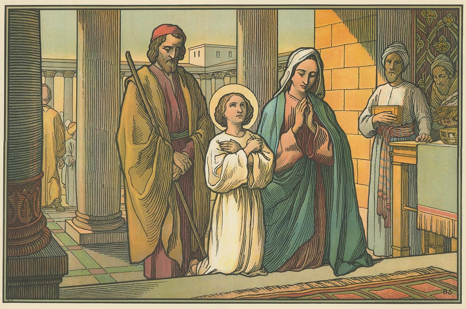 Antique Religion Print of the Holy Family in a Temple, 1913 In Good Condition In Langweer, NL