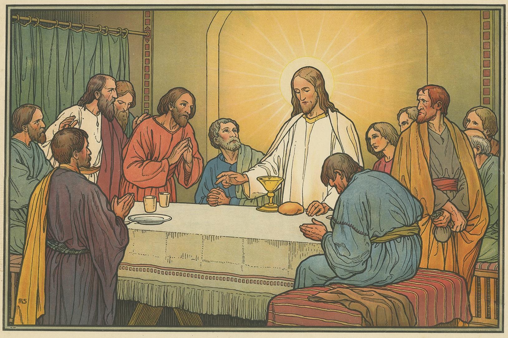 Large antique print of the Last Supper. Published by Mosella-Verlag, 1913. This print originates from a series titled 'Kathol. Schulbibelwerk von Dr. Ecker'.