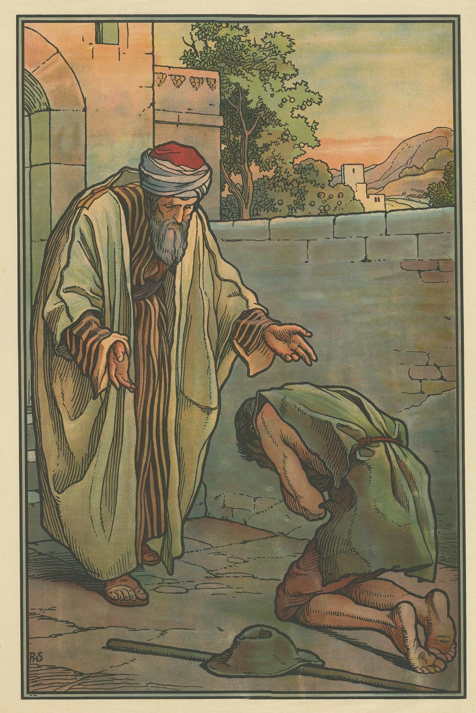 Large antique print of the Parable of the Prodigal Son. Published by Mosella-Verlag, 1913. This print originates from a series titled 'Kathol. Schulbibelwerk von Dr. Ecker'.