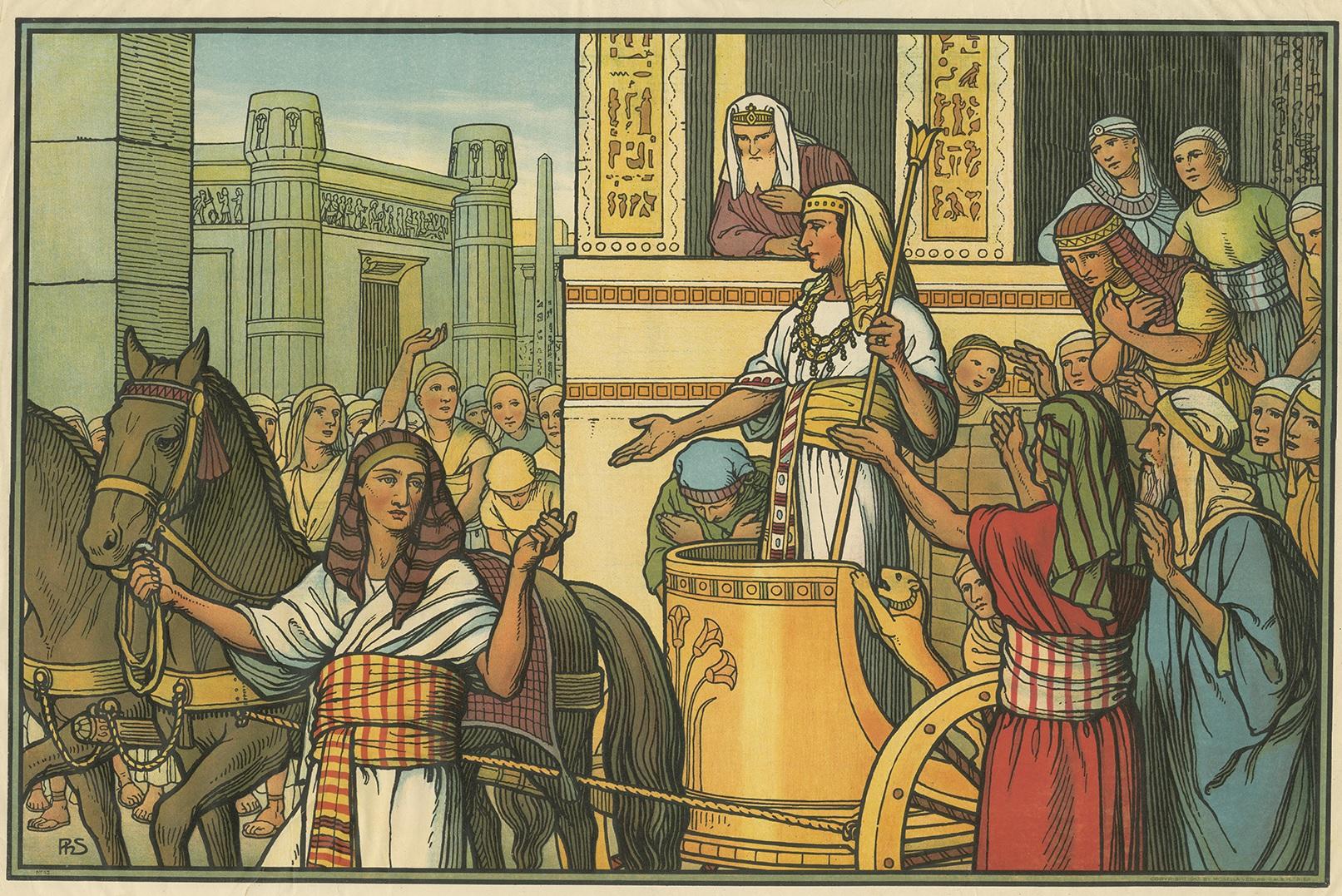 Large antique print of the Pharaoh and Israelites. Published by Mosella-Verlag, 1913. This print originates from a series titled 'Kathol. Schulbibelwerk von Dr. Ecker'.