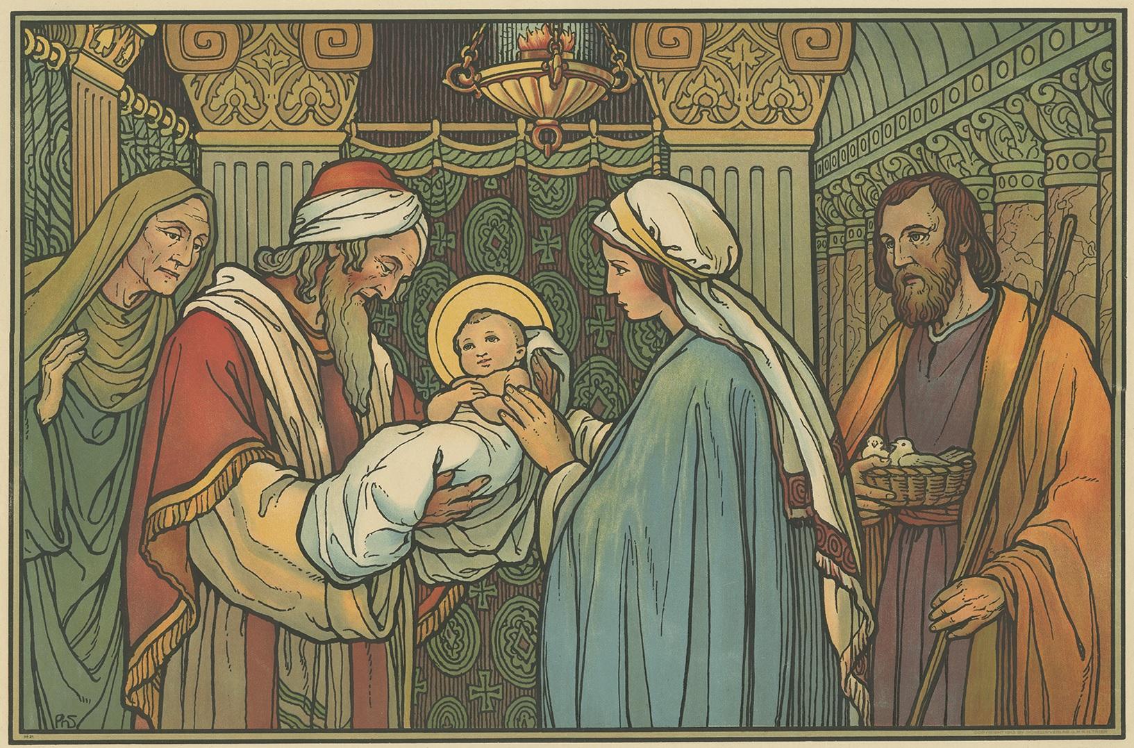 Gran grabado antiguo de la Presentación de Jesús en el Templo. Publicado por Mosella-Verlag, 1913. Este grabado procede de una serie titulada 