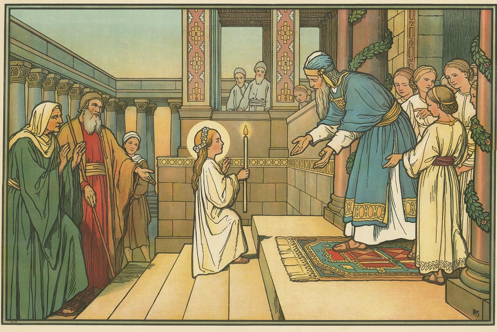 Large antique print of the presentation of Mary. Published by Mosella-Verlag, 1913. This print originates from a series titled 'Kathol. Schulbibelwerk von Dr. Ecker'.