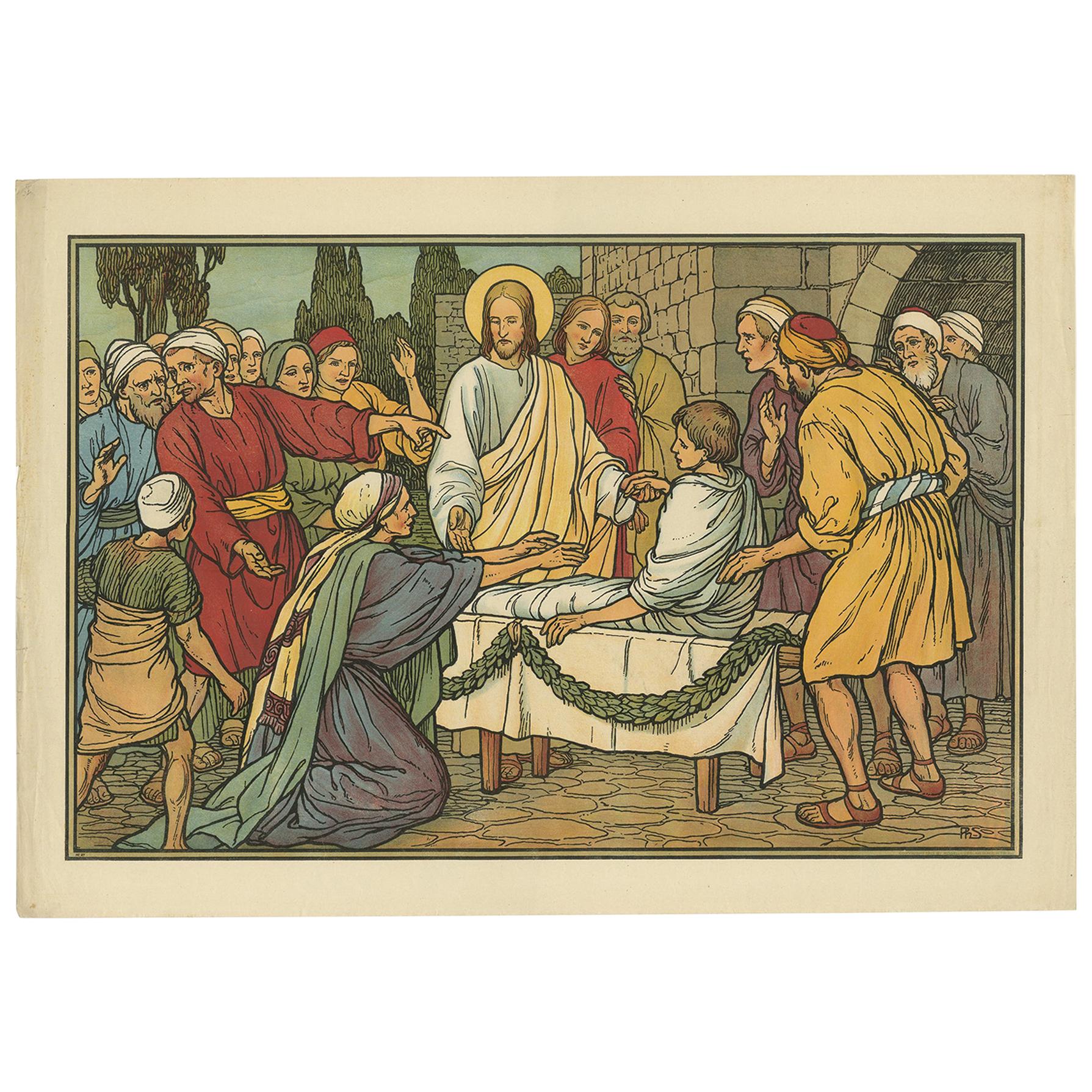 Antique Religion Print of the Raising of the Son of the Widow of Nain, 1913