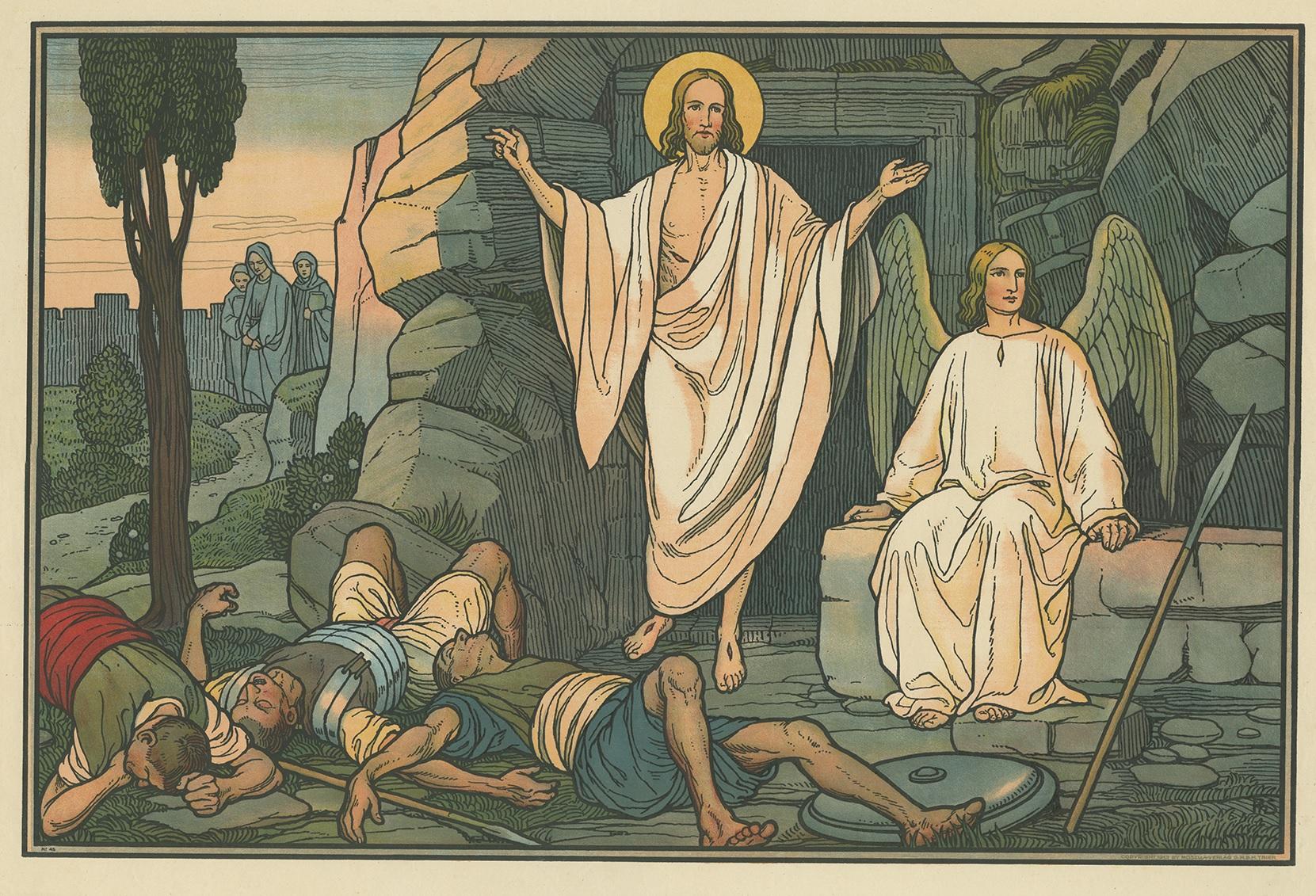 Large antique print of the Resurrection of Jesus. Published by Mosella-Verlag, 1913. This print originates from a series titled 'Kathol. Schulbibelwerk von Dr. Ecker'.