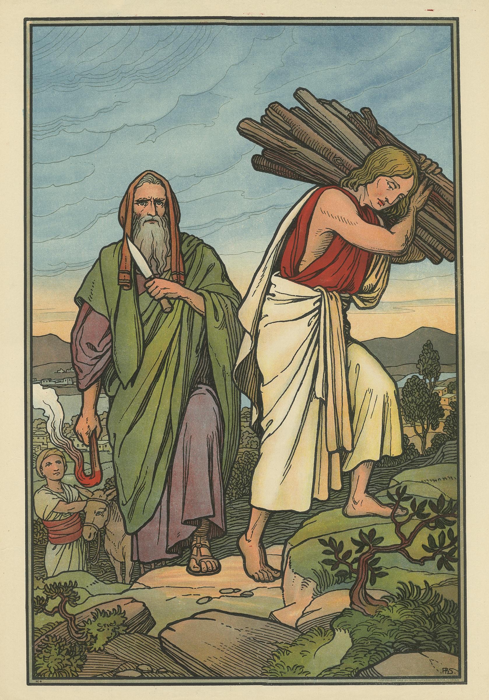 Large antique print of the Sacrifice of Isaac. Published by Mosella-Verlag, 1913. This print originates from a series titled 'Kathol. Schulbibelwerk von Dr. Ecker'.
