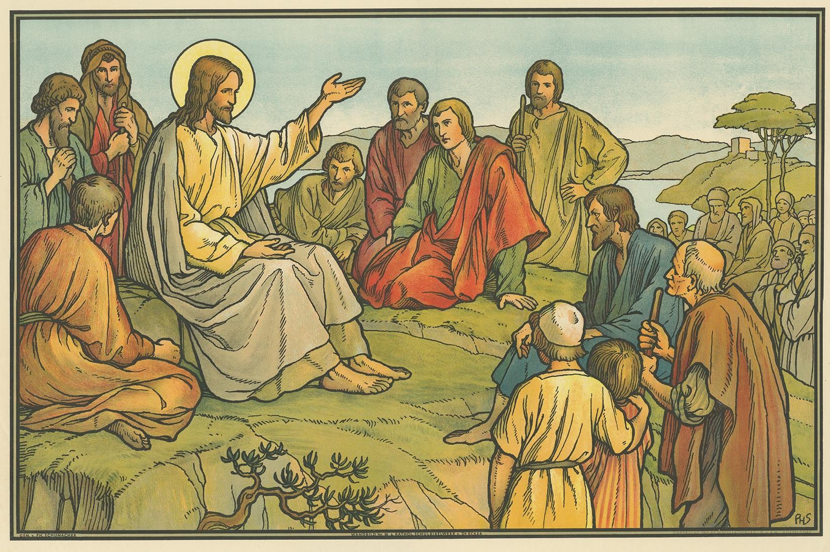 Großer antiker Druck der Bergpredigt. Erschienen im Mosella-Verlag, 1913. Dieser Druck stammt aus einer Serie mit dem Titel 
