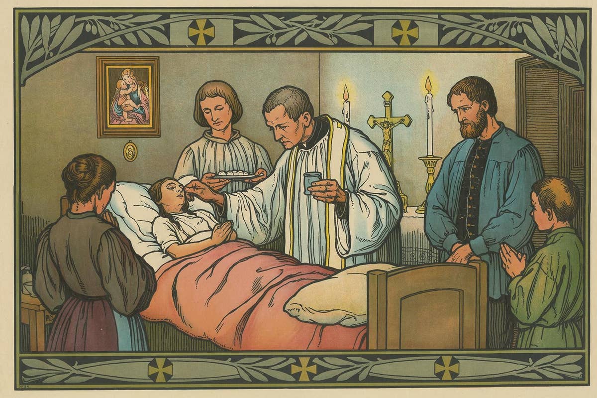 Antique Religion Print of the Seven Sacraments, Anointing of the Sick '1913'